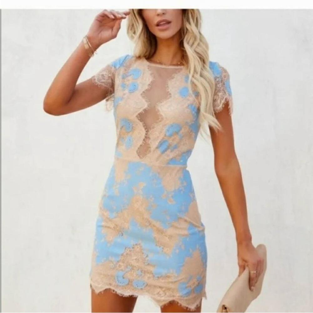 Storia Blue and Beige Lace-Accent Mini Dress